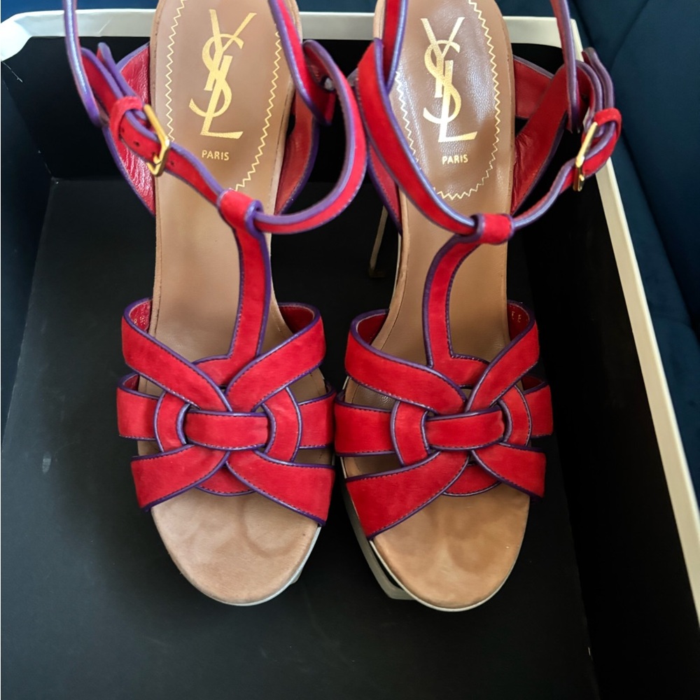 Yves Saint Laurent Red Heels with Strappy Design